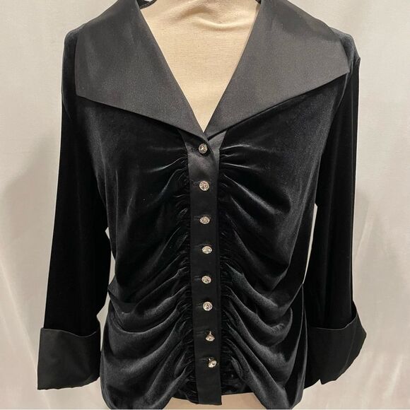 Y2K velvet stretchy ruched tuxedo collar jeweled button French cuff top - Picture 2 of 7